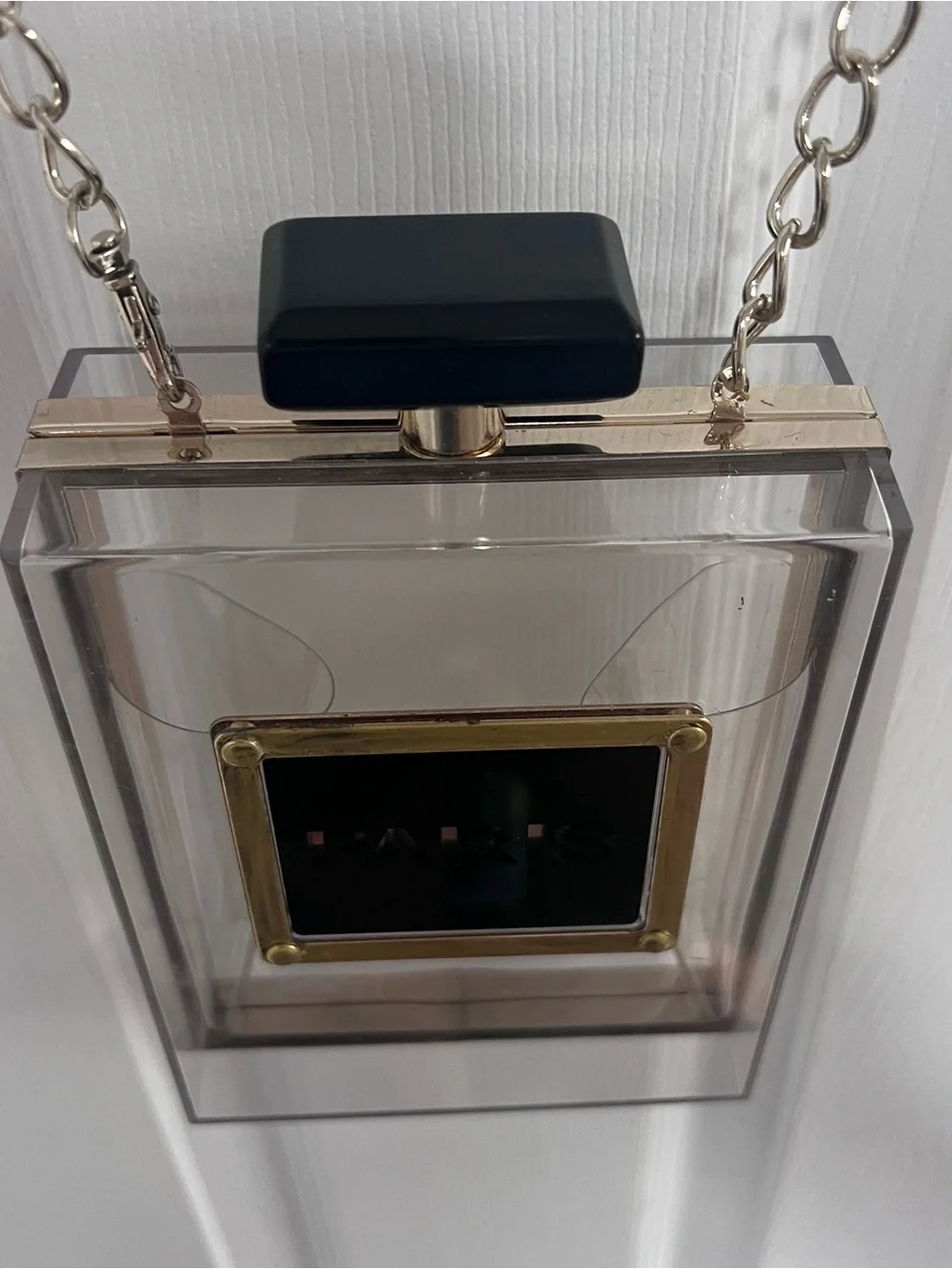 Clear Paris Perfume Bottle Cross Body Purse - Gold & Black Accents